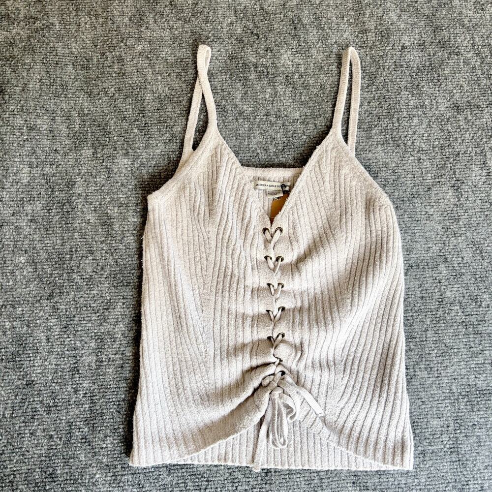 American Eagle Ribbed Lace Up Tank XS Oatmeal Beige Fitted Knit Cami Stretch